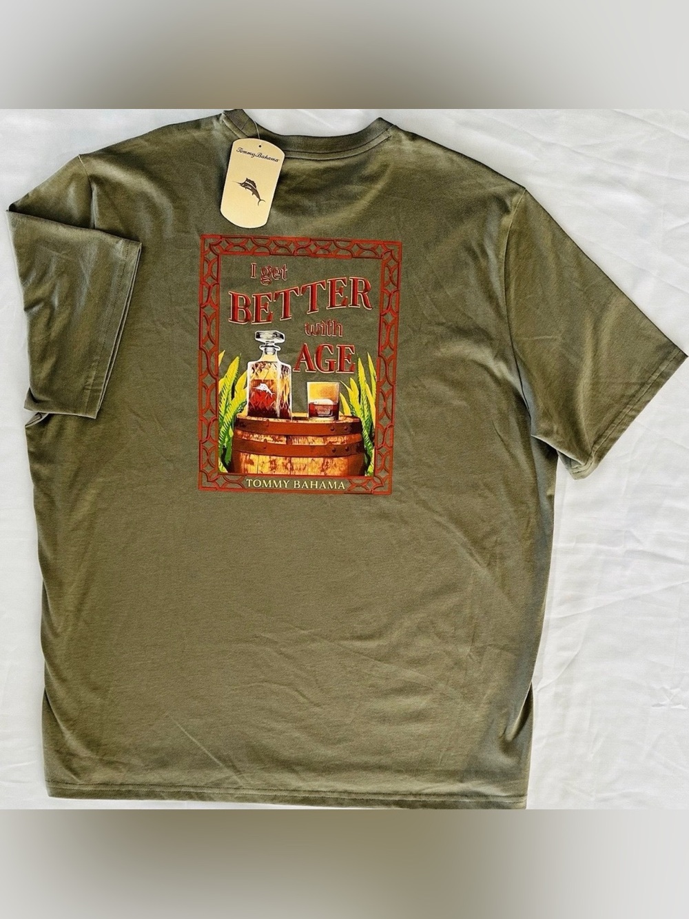 Tommy Bahama Men’s I GET BETTER WITH AGE T-shirt XL Green NWT Whiskey Bourbon